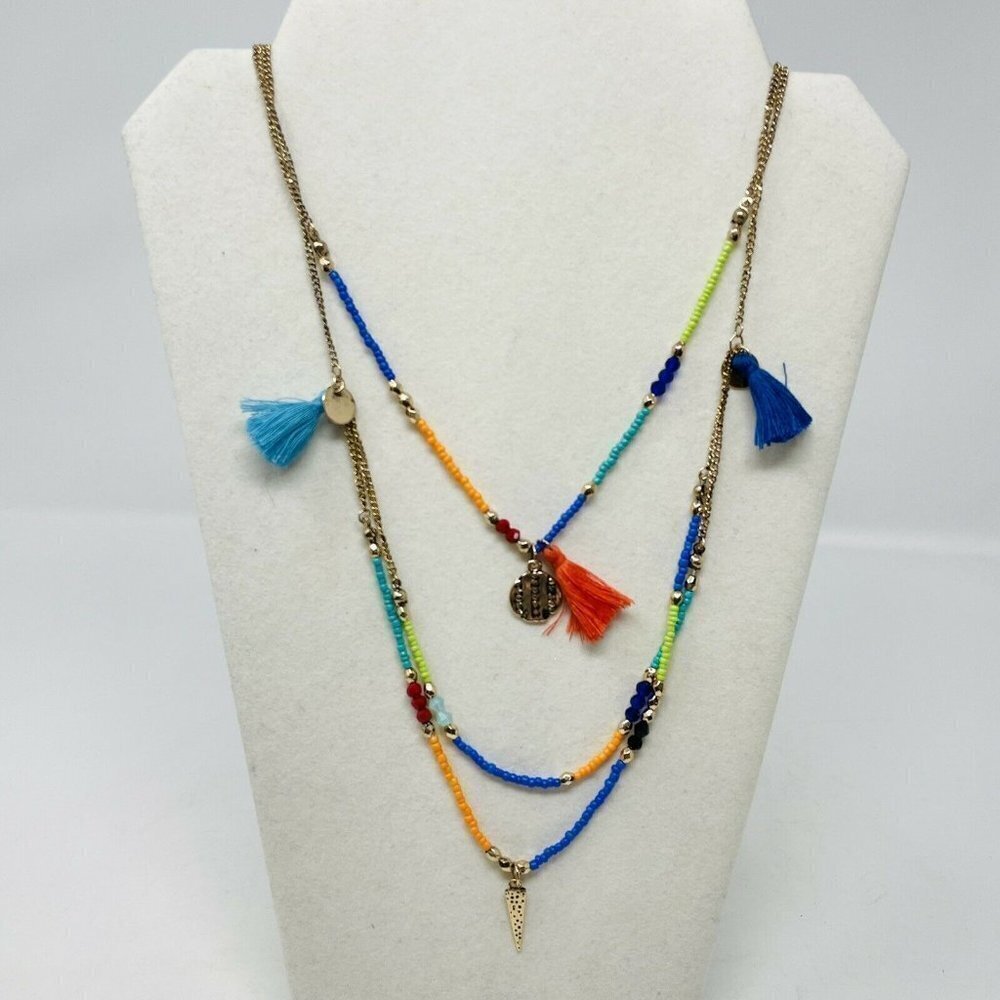G by Gennaro 3 Strand Seed Bead with Fringe Layered Statement Fashion Necklace‎